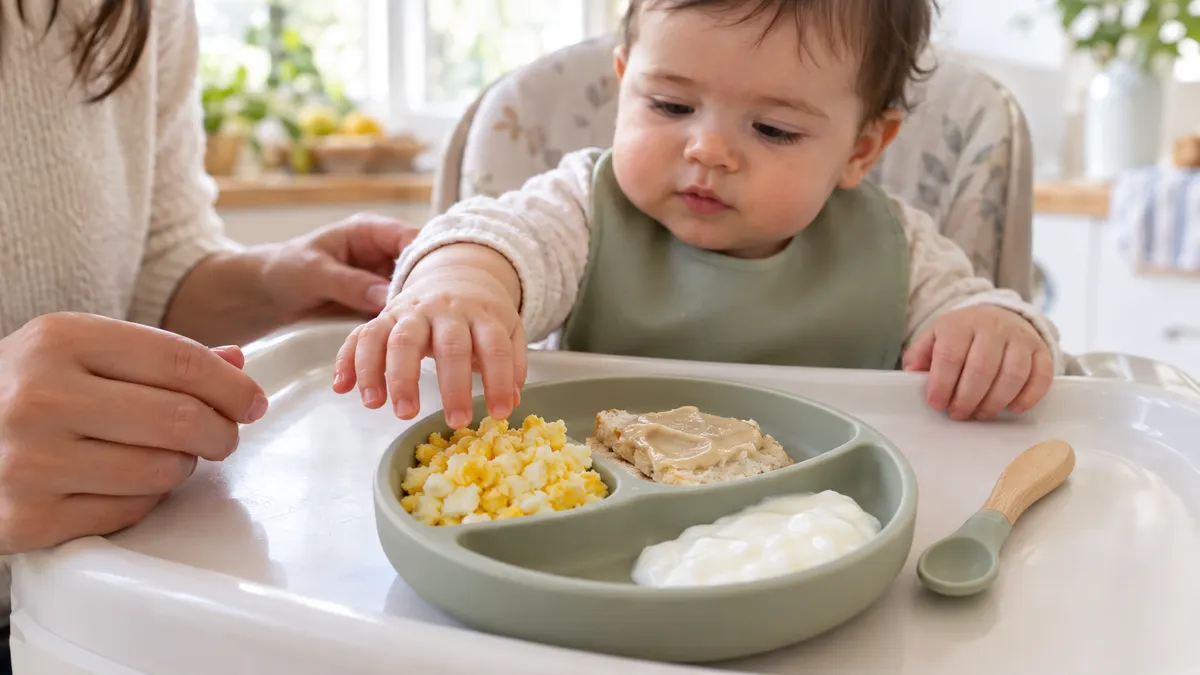תינוק בכיסא אוכל מושיט יד לצלחת עם ביצה מעוכה, לחם עם טחינה ויוגורט