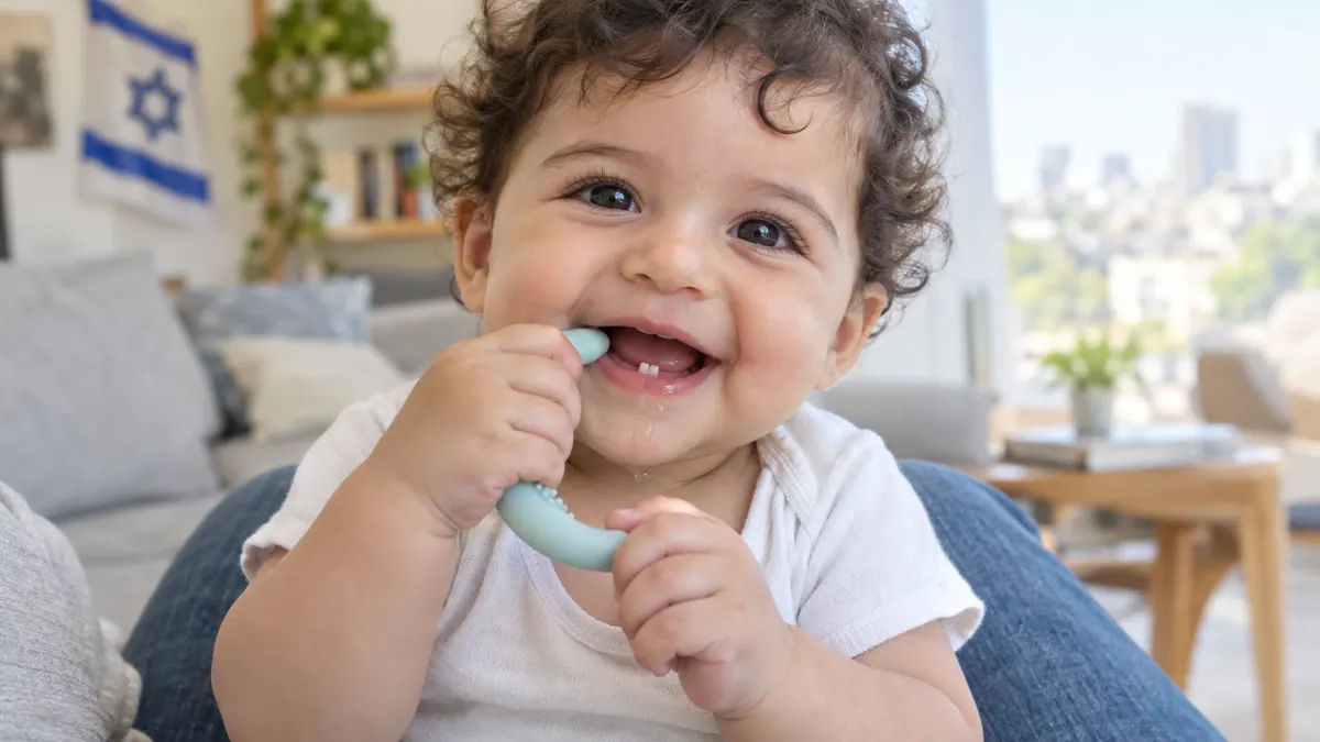תינוק מחייך עם שתי שיניים תחתונות ראשונות ונוגס בטבעת נשיכה