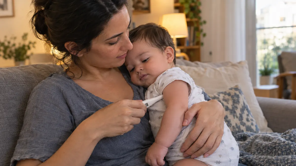 אמא מודדת חום לתינוק עם מדחום דיגיטלי בבית השחי, בחדר מואר ורגוע