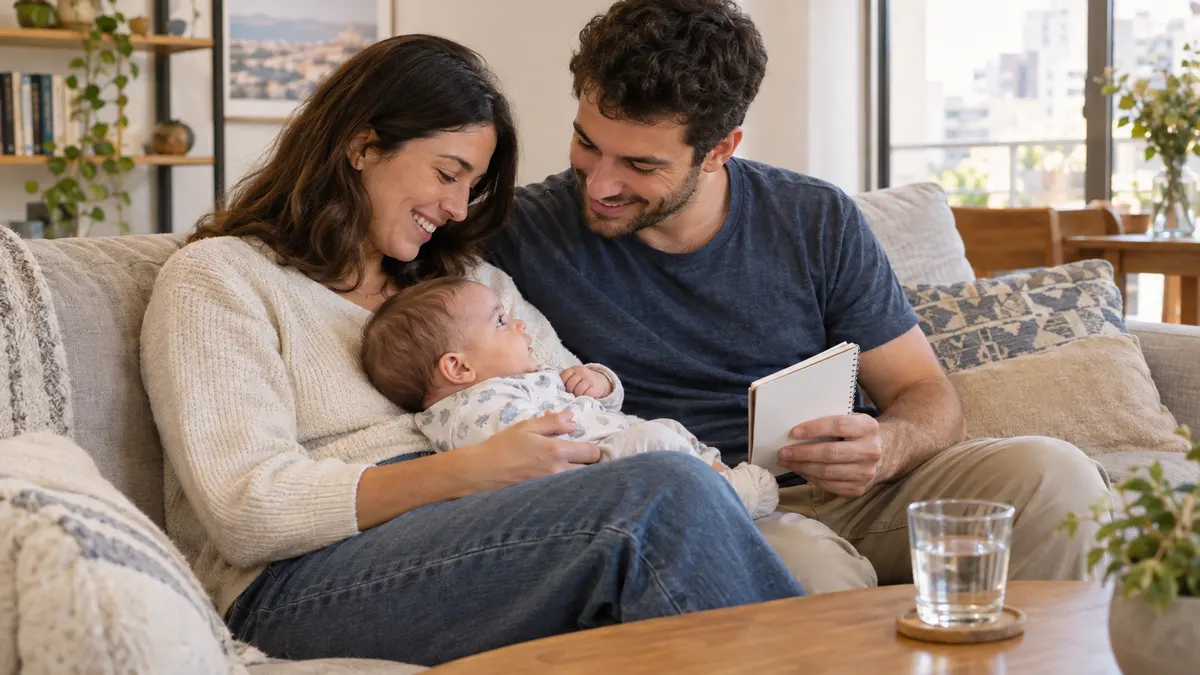 אמא ואבא יושבים על הספה בסלון עם תינוק ער בחיק האם, האב מחזיק מחברת קטנה