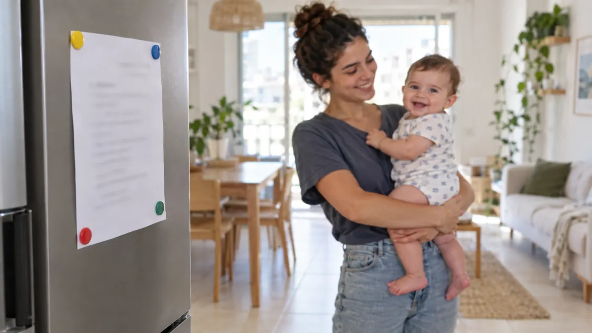 דף מידע תלוי על מקרר עם מגנטים צבעוניים, ובייביסיטר צעירה מחזיקה תינוק מחייך ברקע