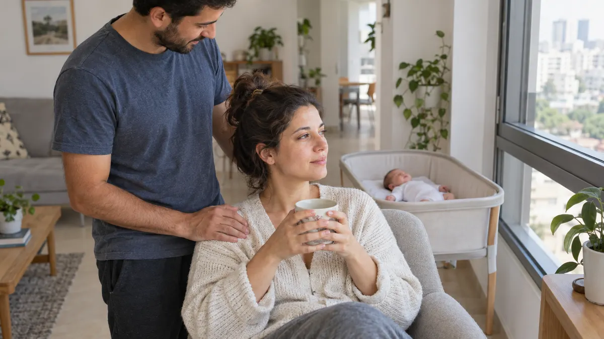 אמא צעירה יושבת ליד חלון עם כוס תה, בן הזוג מניח יד על כתפה, ותינוק ישן על הגב בעריסה ברקע