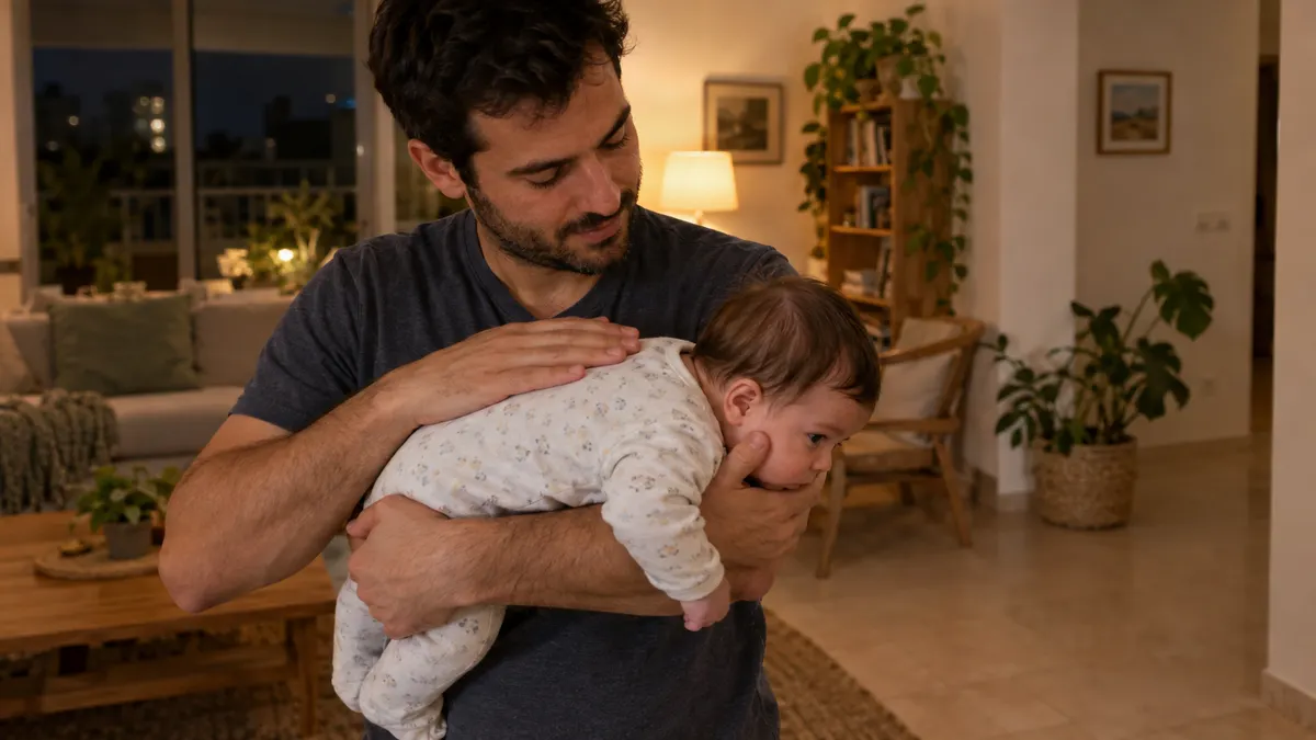אבא מחזיק תינוק בתנוחת נמר על עץ לאורך האמה ומלטף את גבו בסלון מואר באור ערב
