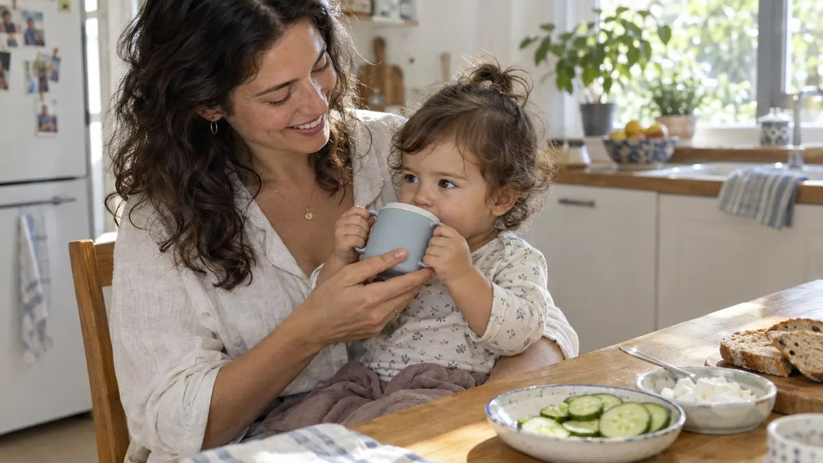 אמא במטבח מואר מחזיקה פעוטה בת שנה על הברכיים ועוזרת לה לשתות מכוס