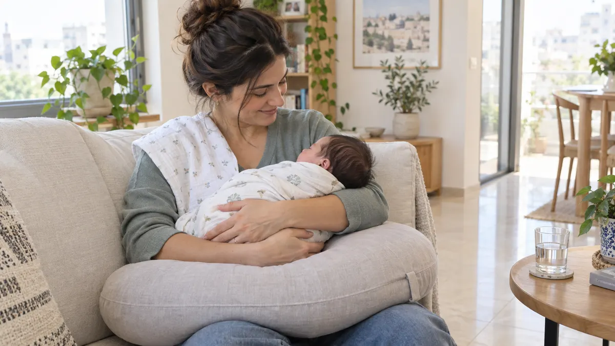 אמא יושבת על ספה בסלון מואר עם כרית הנקה ומחזיקה תינוק עטוף בתנוחת עריסה