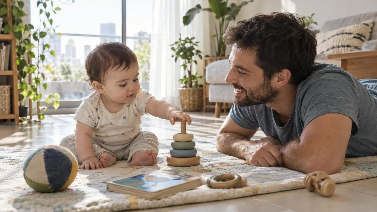 אבא שוכב על שטיח משחק בסלון מואר ומחייך לתינוק בן כחצי שנה שיושב ומושיט יד לצעצוע טבעות מעץ