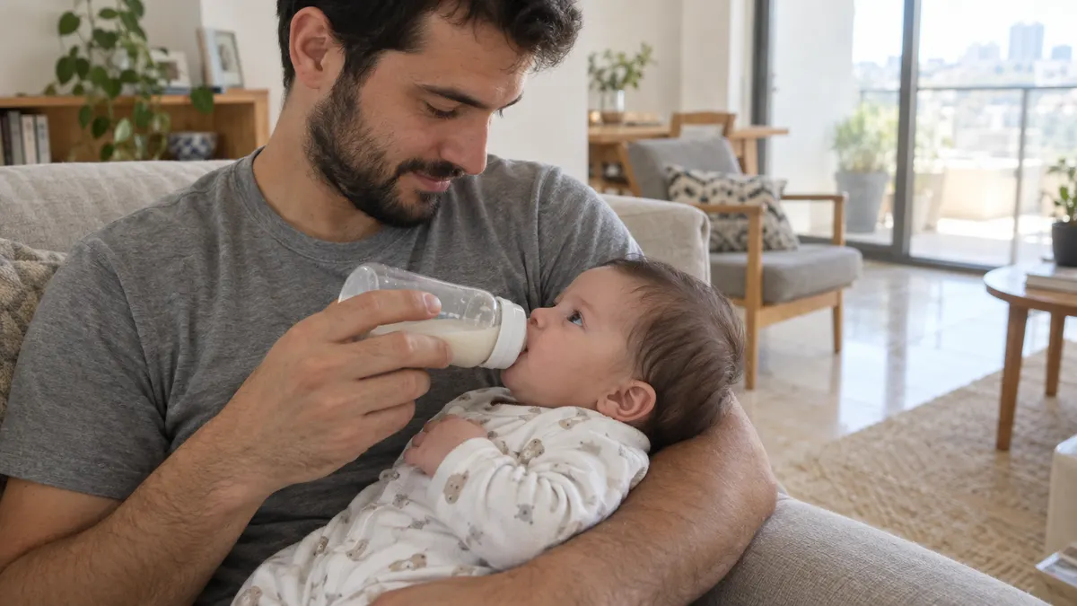 אבא מאכיל תינוק בבקבוק בסלון ביתי מואר, ומחזיק את הבקבוק כמעט מאוזן