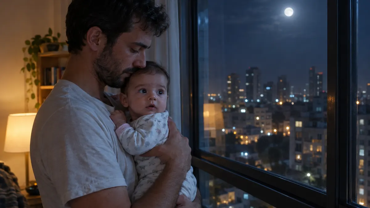 אבא מחזיק בלילה תינוק ער ליד חלון עם אור ירח ואורות העיר