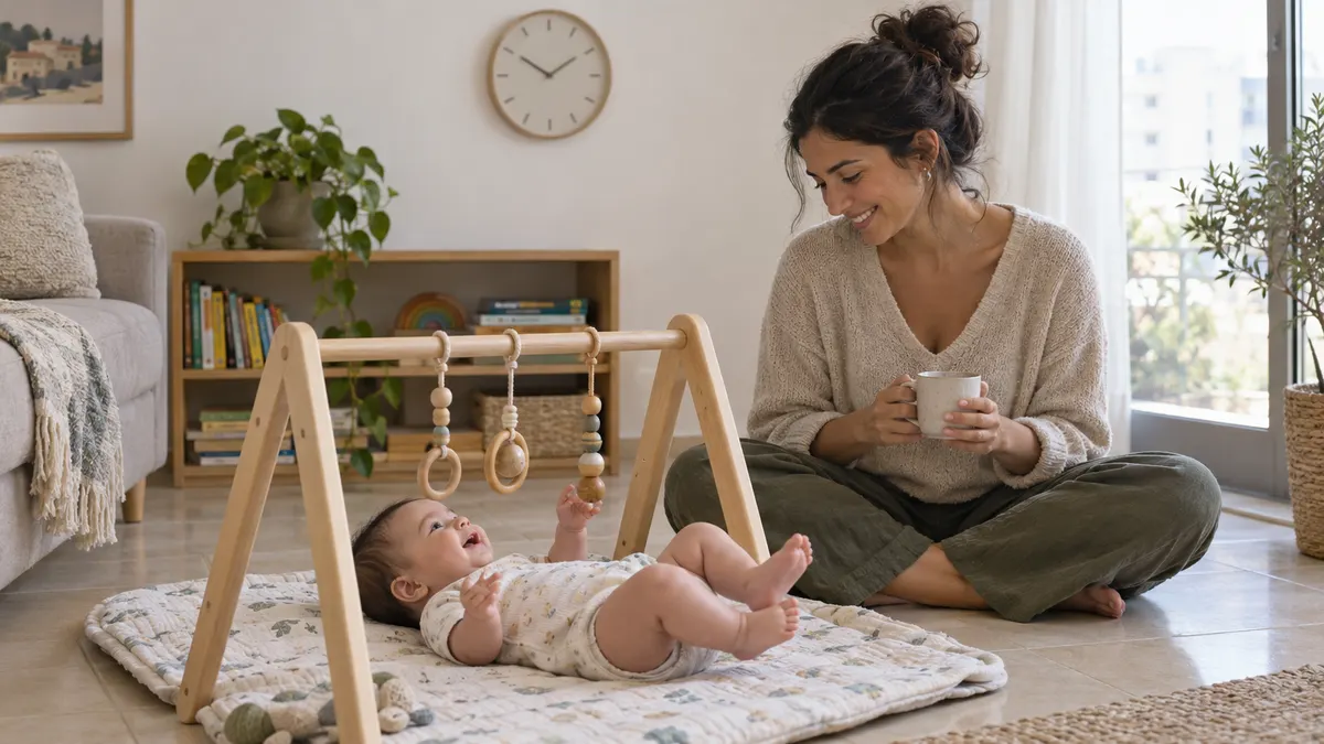 תינוק שוכב על הגב על שטיח משחק מתחת לקשת צעצועים מעץ ואמא יושבת לידו בסלון מואר, שעון קיר ברקע