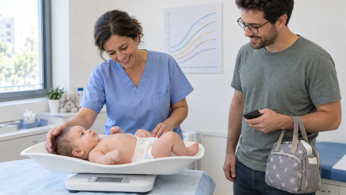 אחות טיפת חלב שוקלת תינוק בן חודשיים על משקל תינוקות ואבא עומד לידה ומחייך