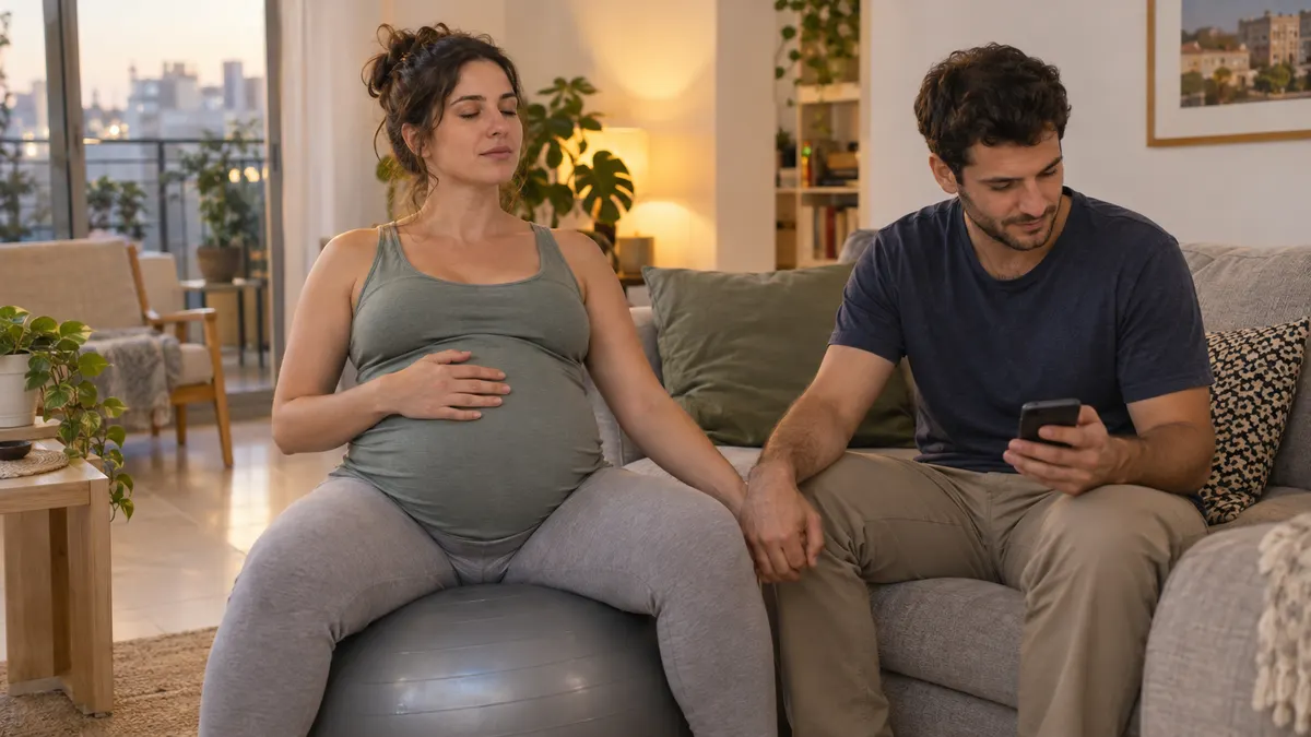 אישה בהריון מתקדם יושבת על כדור פיזיו בסלון ונושמת, ובן הזוג יושב לצידה ומחזיק טלפון ואת ידה