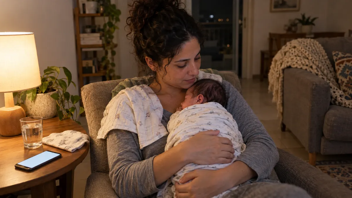 אמא יושבת בכורסה בסלון בלילה ומחזיקה יילוד עטוף, ליד מנורה, כוס מים וטלפון