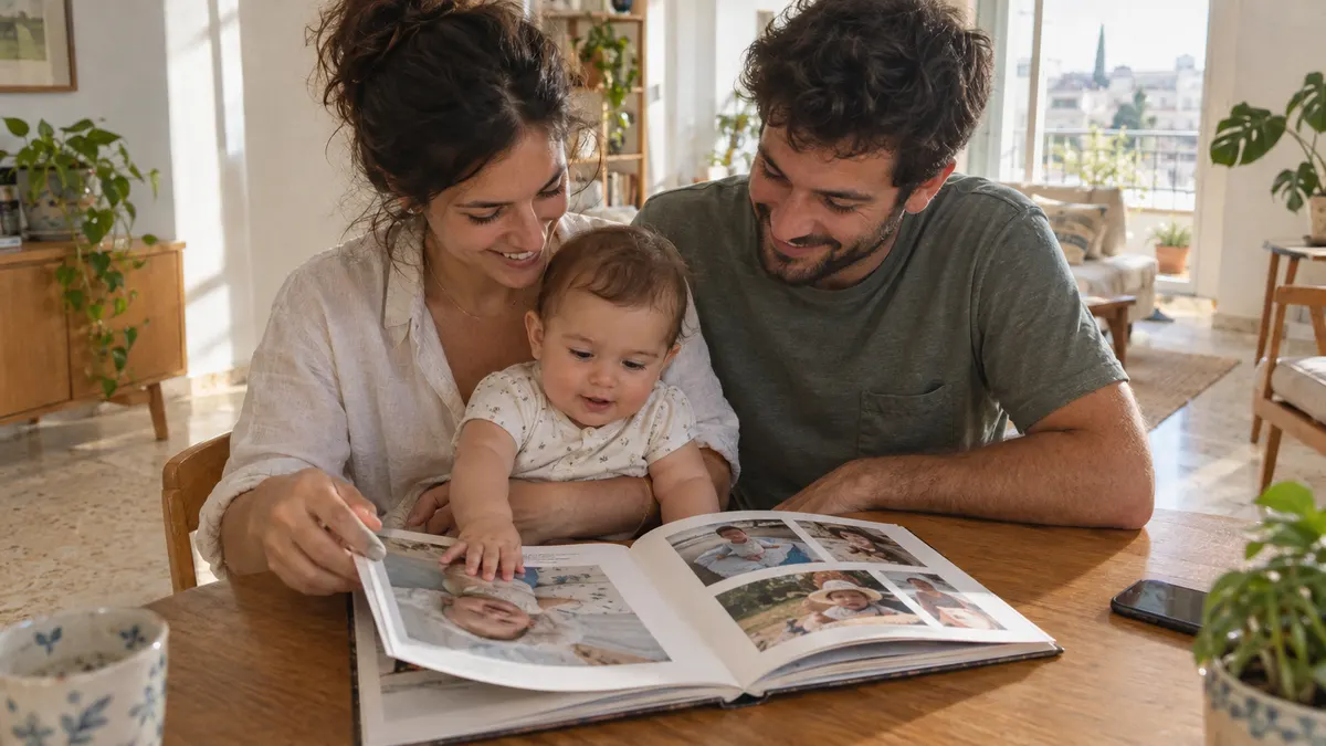 הורים ותינוק בן כמה חודשים מדפדפים יחד באלבום תמונות מודפס ליד שולחן האוכל