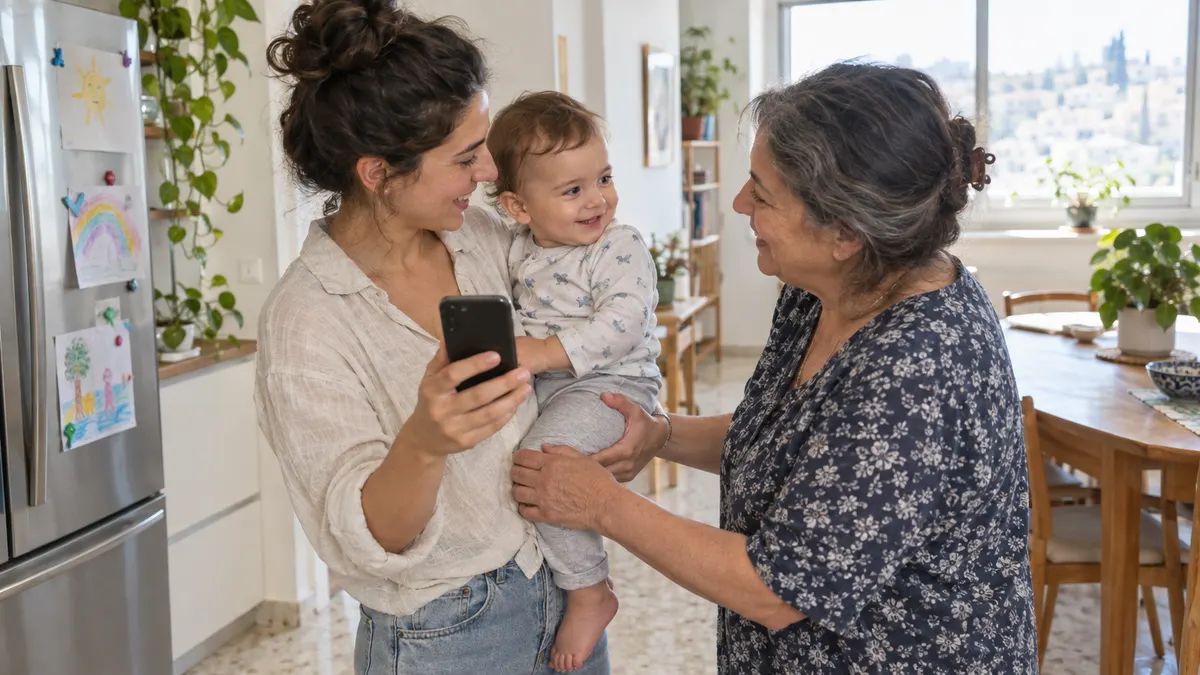 אמא במטבח מוסרת את התינוק לבייביסיטר מבוגרת ומראה לה משהו בטלפון