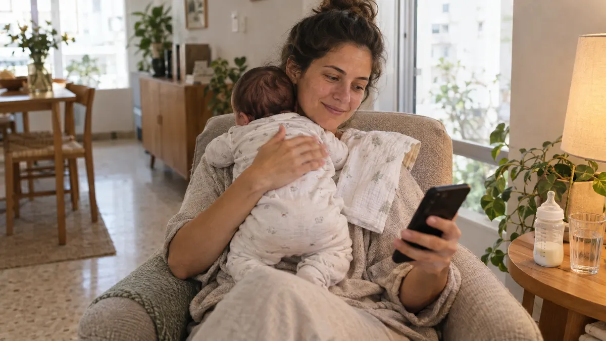 אמא מחזיקה תינוק על הכתף אחרי האכלה ומעיפה מבט ביומן ההנקה בטלפון