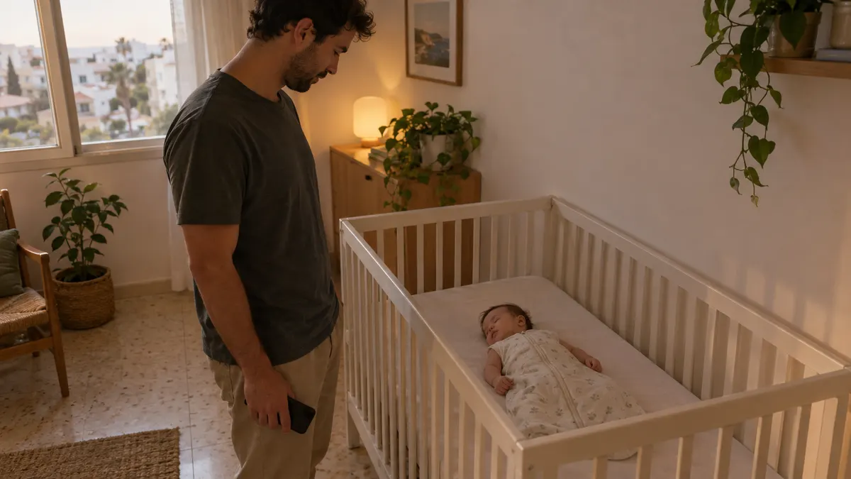אבא עומד ליד עריסה ריקה ממצעים שבה תינוק ישן על הגב בשק שינה, ומחזיק טלפון ביד