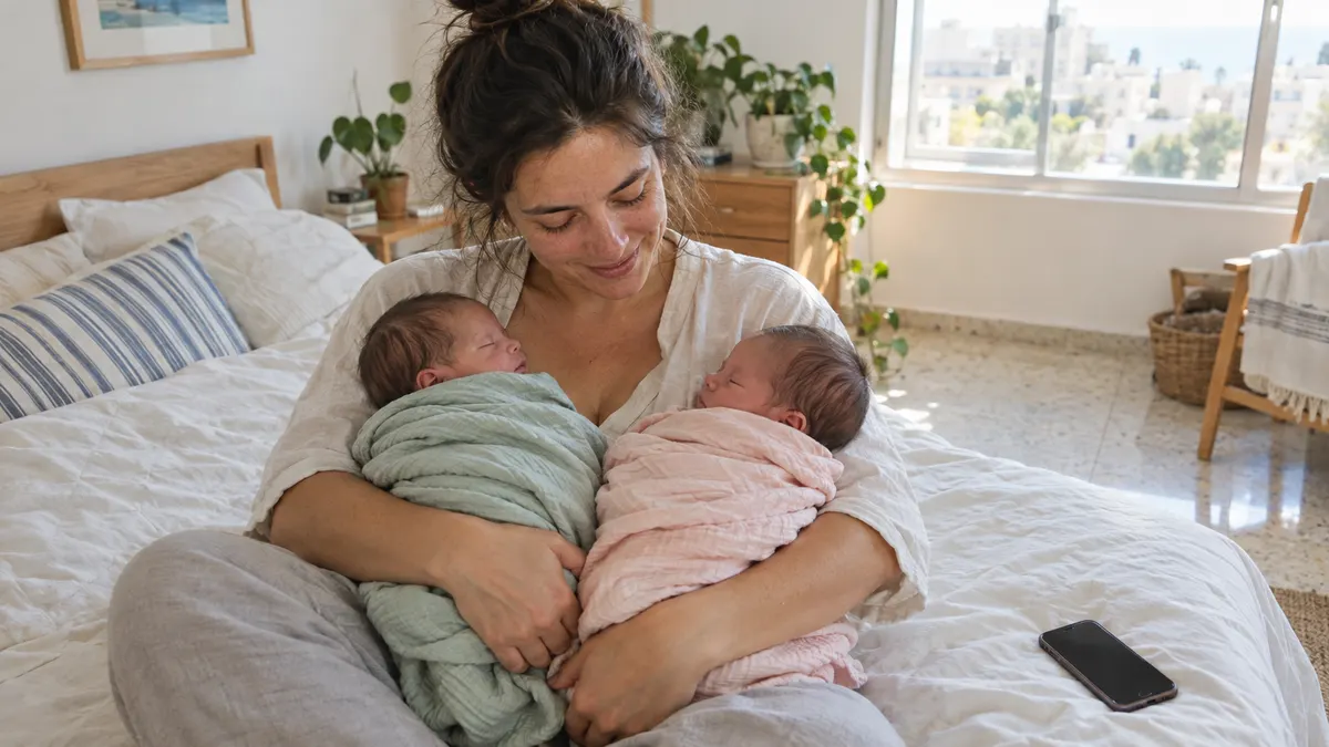אמא יושבת על המיטה ומחזיקה שני תינוקות תאומים עטופים, טלפון מונח לידה