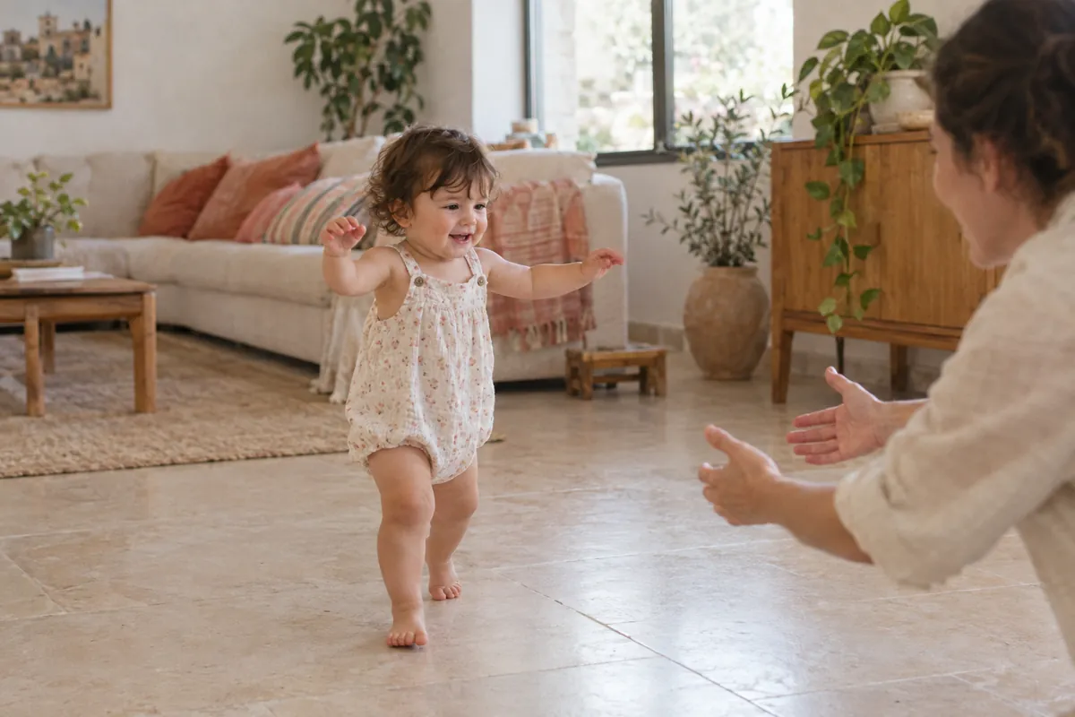 פעוטה עושה צעדים ראשונים בסלון לעבר הידיים המושטות של אמא