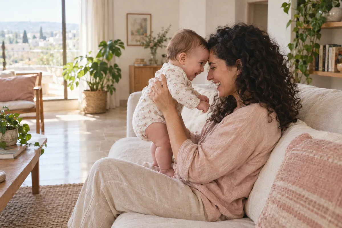 אמא מחזיקה את התינוקת שלה מול הפנים בסלון מואר, שתיהן מחייכות, מצח אל מצח